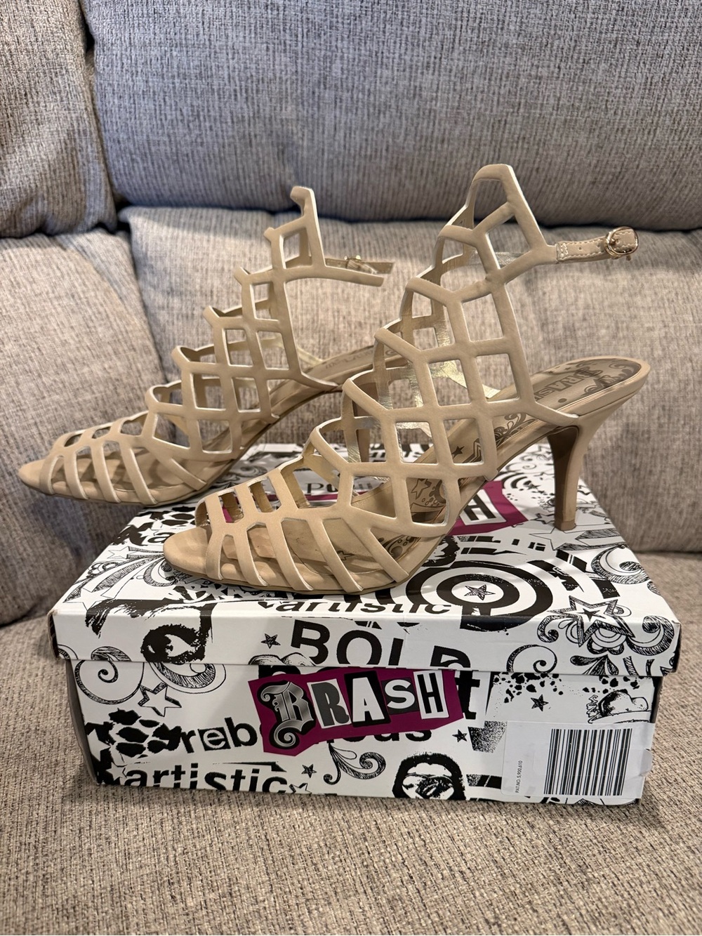 BRASH Beige Cage-Strap Heeled Sandals
